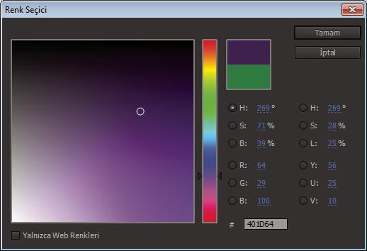 Efekt uygulama 166 Adobe Renk Seçici ile renk seçme Adobe Renk Seçici ile, renk tayfını kullanarak veya renkleri sayısal olarak belirterek efektler ve örtüler için renkler seçebilirsiniz.