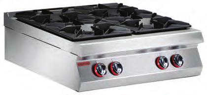 PİŞİRME ÜNİTELERİ / Cooking Units Gazlı Ocaklar Gas Burner Tops 900 Serisi / 900 Series 18/10 Paslanmaz çelik yüzey, 20/10 mm kalınlık. Pik döküm üst tabla ve brülörler.