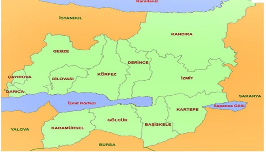 Sekil 1: Kocaeli İlçeler Haritası Kaynak; Kocaeli.bel.tr, ET: 08.06.2012 1.3.