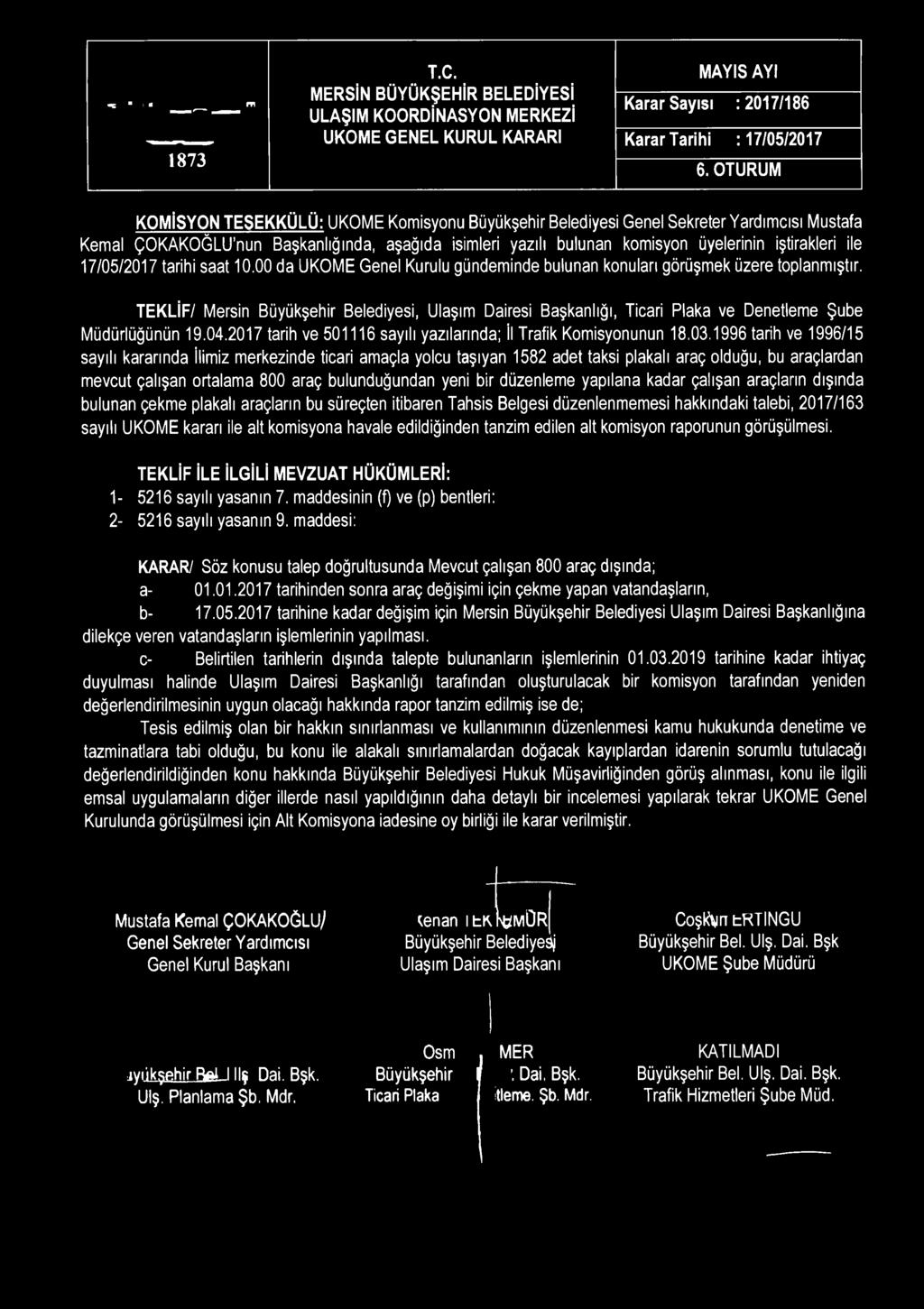 saat 10.00 da UKOME Genel Kurulu gündeminde bulunan konuları görüşmek üzere toplanmıştır. TEKLİF/ Mersin, Ulaşım Dairesi Başkanlığı, Ticari Plaka ve Denetleme Şube Müdürlüğünün 19.04.