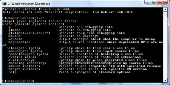 Yukarıdaki ekran, java derleyicinizin her dizinden kullanılabilir hale geldiğini doğrulamaktadır.