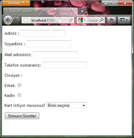 <p>cinsiyet : </p> <p>erkek @Html.RadioButton("Cinsiyet", "Erkek")</p> <p>kadin @Html.RadioButton("Cinsiyet", "Kadin")</p> <p> Kart istiyor musunuz? @Html.DropDownListFor(x => x.