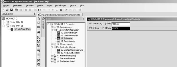 P161 Setpoint n_f2 [1] değerini uygulama optimum bir şekilde çalışana kadar ayarlayın. Örn. Parametre P161 = 855 dev/dak (= 28,5 Hz) 13.Bilgisayarı MOVIMOT frekans çeviriciden ayırın. 14.