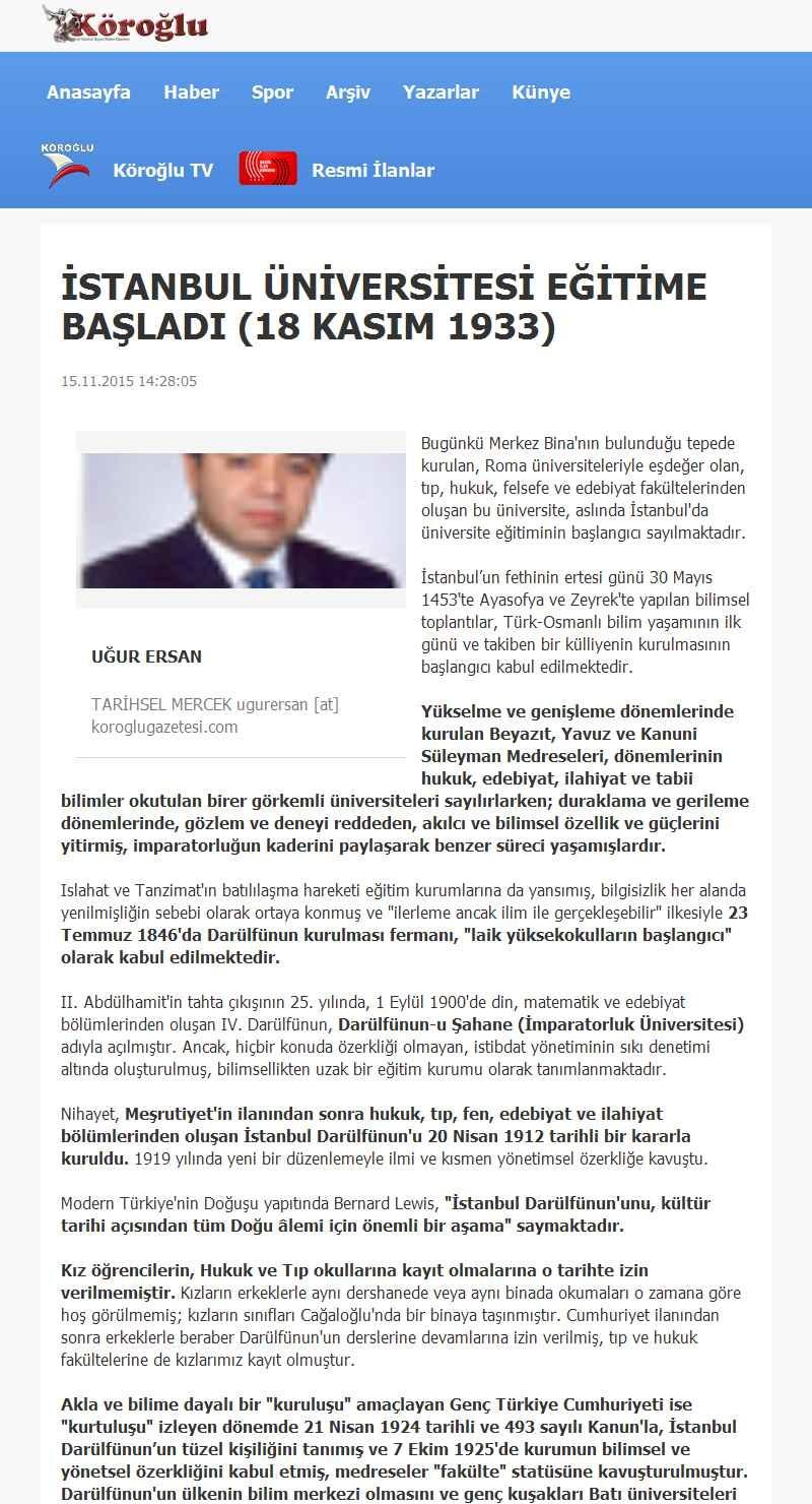 Portal Adres ISTANBUL ÜNIVERSITESI EGITIME BASLADI (18 KASIM 1933) : www.koroglugazetesi.