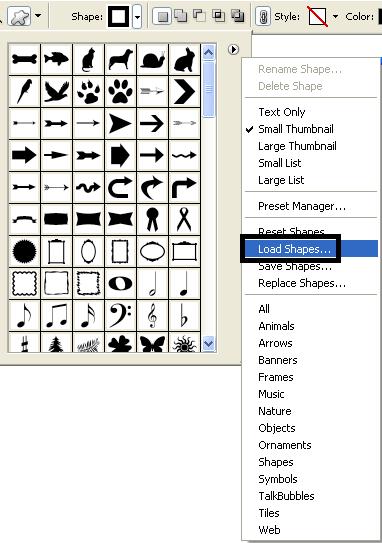 Bu standart geometriye sahip biçimler dışında özel şekiller de oluşturulabilir. Bunun için Custom Shape Tool aktif yapılır. Mevcut kütüphanenin farklı kategorilerinden şekiller alınabilir.