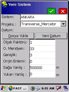 (Örn: Ankara için 33) Genişlik: Dilim genişliğidir. 3 lik (1/5000) ve 6 lik (1/25.000) koordinat sistemlerini temsil eder. Orijin Enlemi: 0. (Standart) Sağa Yanlış: 500000.