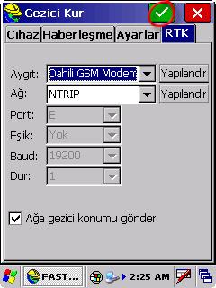 Ekrana sırası ile Yayına Bağlanıyor, Modem Güç Aç ve Modem Başlatılıyor uyarıları gelir. TUSAGA İçin Bazlar penceresi açılır.