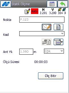 Ölçülecek nokta numarası anten yüksekliği ve anten yüksekliği ölçme tipi seçilir ve oturuma başla tuşuna basılır.