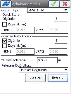 Otomatik alım parametresi ana ekranda otomatik alım seçildiğinde geçerli olacak parametreleri içermektedir.yatay mesafe, eğik mesafe ve zaman seçenekleri mevcuttur.