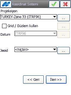 Data kayıt Konfigürasyon penceresinde ileri tuşuna basılır.koordinat sistemi penceresi açılır. Projeksiyondan hangi koordinat sisteminde çalışılacaksa seçilir.