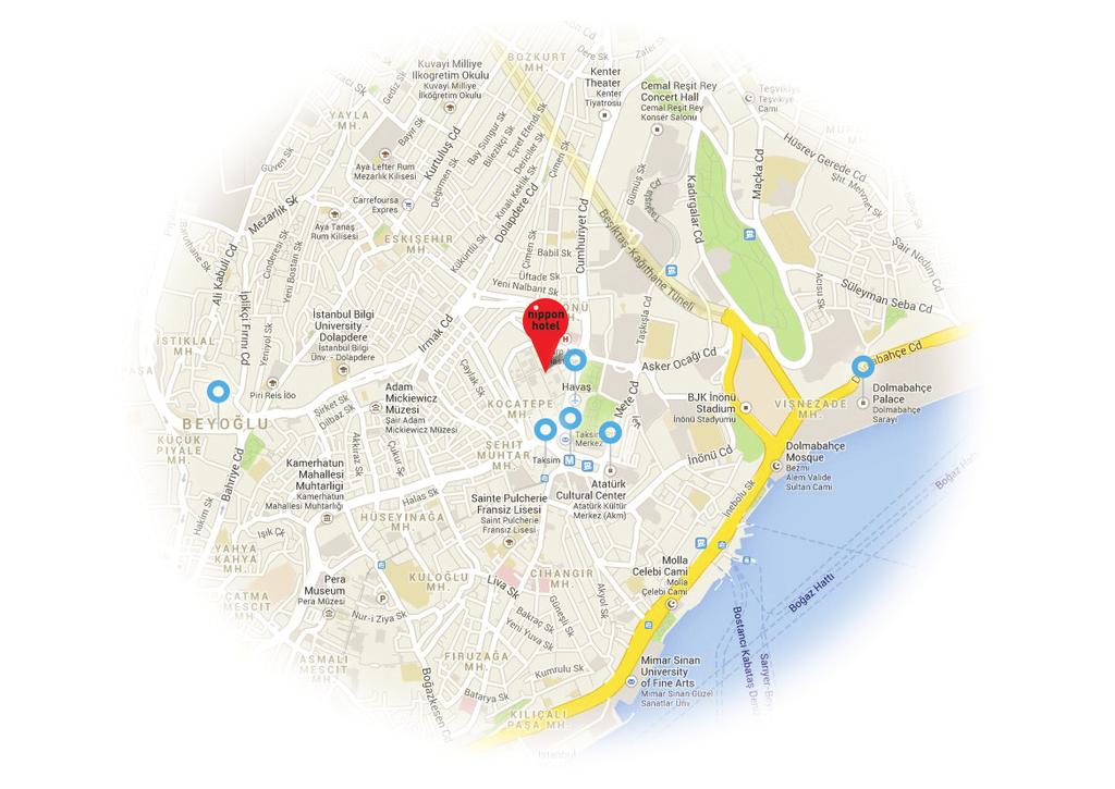 LOKASYON LOCATION Nippon Hotel den uzaklıklar İstanbul Kongre Merkezi (ICC) Lütfi Kırdar İstanbul Kongre & Sergi Sarayı (ICEC) Beyoğlu/Taksim Meydanı Dolmabahçe Sarayı Metro Nişantaşı Beşiktaş