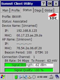 Kablosuz Ağ Bağlantısının Kontrol Edilmesi Datalogic DH60 Kullanım Kılavuzu Yukarıdaki bölümlerde tanıtılan ve aktif hale getirilen herhangi bir kablosuz ağ bağlantısının durumunu, sinyal gücü,
