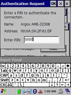 Yukarıdaki ekranda bluetooth bağlantısı yapılacak cihaz (Örnekte Argox AME-3230B) ile bağlantıda gerekli şifre