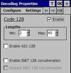 Code 128 Bu bölümde Code 128 barkod tipi ayarlarının yapılandırılması sağlanır. Enable Length sayısını belirler. : Okunabilirliği açar/kapatır. : Barkodun okunabilirliğinin min. ve max.