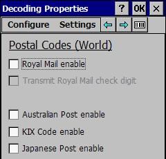 Postal Codes (World) Bu bölümde Postal Codes (World) barkod tipi ayarlarının yapılandırılması sağlanır. Royal Mail Enable : Okunabilirliği açar/kapatır.