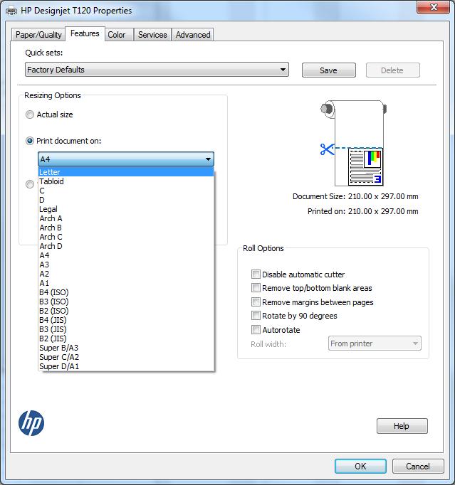 5. Belgeyi belirli bir boyuta getirmek için Features (Özellikler) > Print document on (Belgeyi