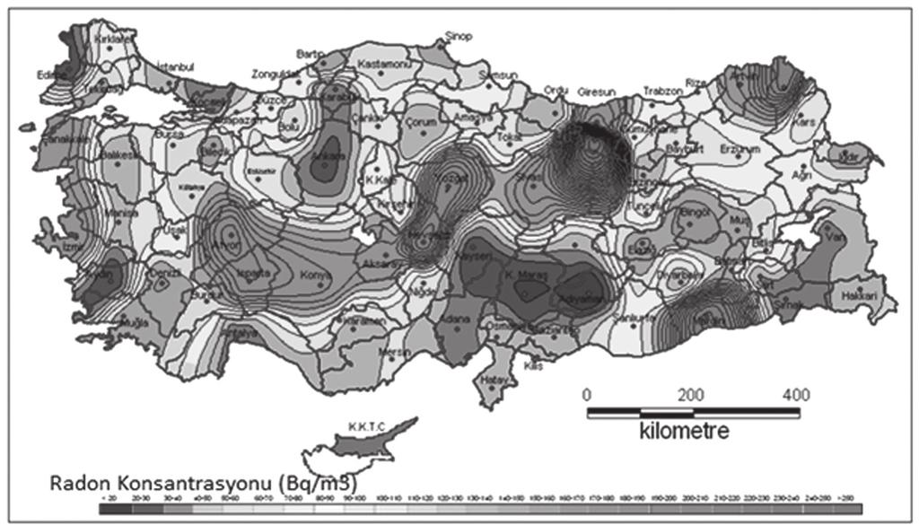 Şekil 13. Türkiye Radon haritası (Çelebi ve Diğ, 2014 ve 2015 den alınmıştır) 24 ÇNAEM tarafından yapılan ölçümler Çelebi ve diğ.