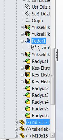 Feature Manager tasarım ağacında kesilmeden bırakılacak bileşenler ve feder