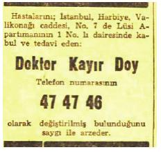 Volkan ACAR com.tr/2011_07_01_archive.html) Dr. Kayır DOY için yazılanlar ise şu şekildedir: DOKTOR KAYIR DOY (1908-1965) Kuzey Kafkasya mültecileri bir kurban daha verdiler. Dr. Kayır DOY, kısa süren bir hastalıktan sonra 21 Ocak 1965 yılında İstanbul da vefat etti.