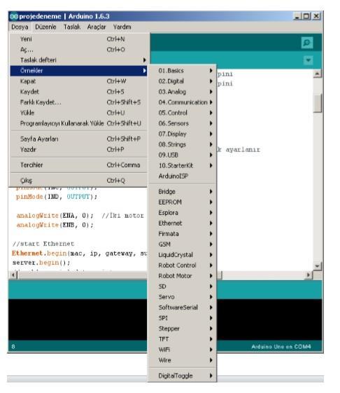 Arduino IDE nin içerisinde birçok örnek proje mevcuttur. Gerekli donanımı edindikten sonra bu hazır projeler ile ilk denemelerinizi gerçekleştirebilirsiniz. Şekil 3.