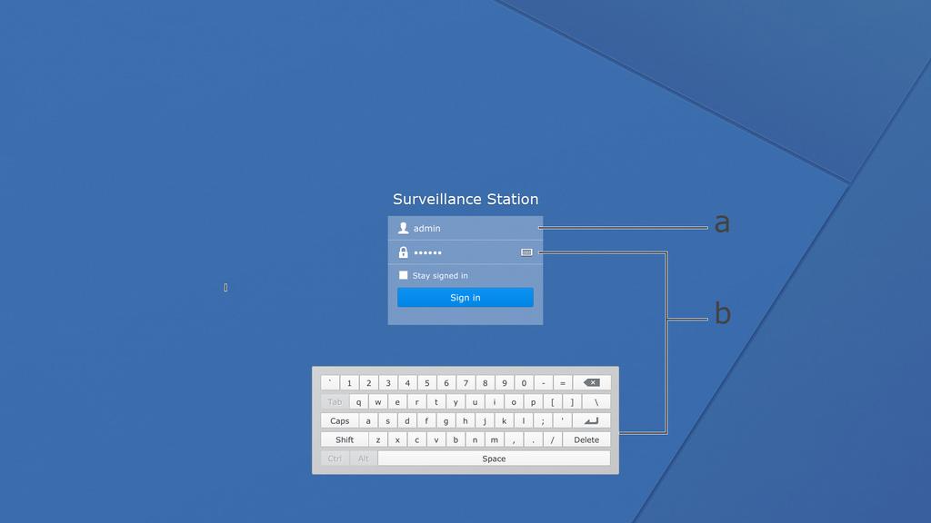 2 Monitörünüzü çalıştırın ve Surveillance Station Local Display'de oturum açın. a Yönetici veya İzleyici olarak oturum açmayı seçin, parolayı girin ve Oturum aç'a tıklayın.