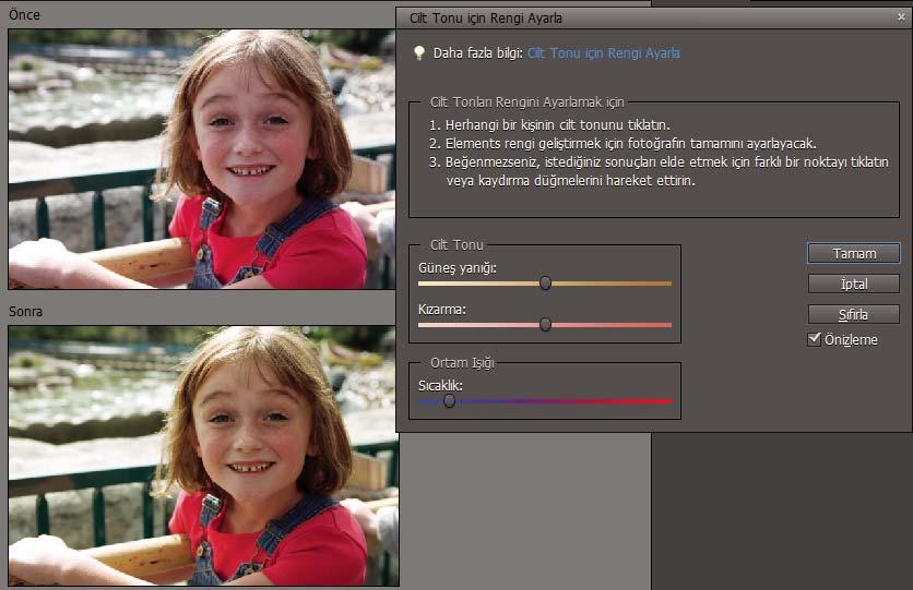 Renk ve ton düzeltme 133 Orijinal (üstte) ve cilt tonu ayarlandıktan sonra (altta) 1 Fotoğrafı Düzenle çalışma alanında açın ve düzeltilmesi gereken katmanı seçin.