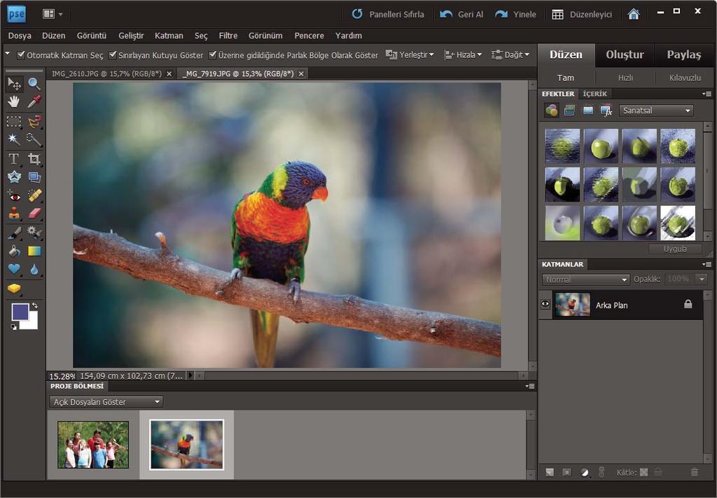 Photoshop Elements çalışma alanı 13 Hızlı Hızlı Düzenleme modundayken fotoğrafları düzenlemenize olanak tanır. Kılavuzlu Kılavuzlu Düzenleme modundayken fotoğrafları düzenlemenize olanak tanır.