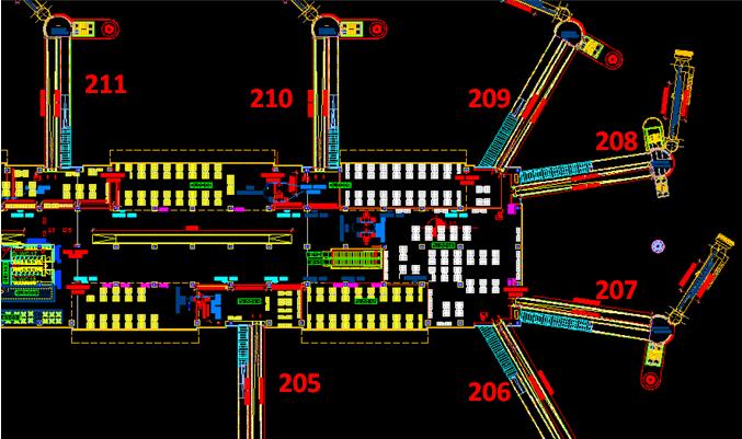 Şekil 4.106. Kapılar ve bekleme salonları (Anonim, 2004) 209 ve 210 no lu kapılara ait ortak bekleme salonu yaklaşık 740 m² dir (Şekil 4.107).