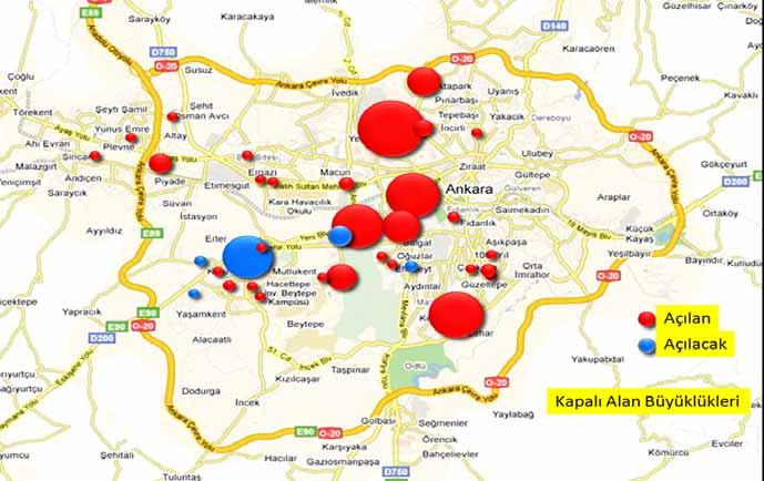 Şekil 4: Kapalı Alan Büyüklüklerine Göre AVM lerin Kentte Dağılımı (Şekil-2). Ankara daki AVM inşaat alanı ise günümüzde 1,8 milyon metrekareye ulaşmıştır (Şekil- 3).