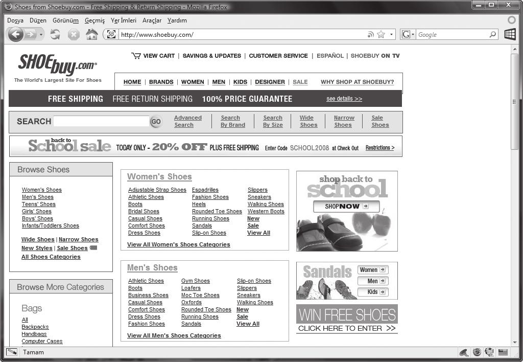 66 Bölüm 4 Buna örnek olarak renk ve görsel derinliğe pek sahip olmayan Shoebuy (www.shoebuy.