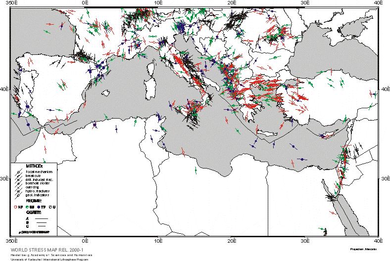 Dünya gerilme haritası projesi kapsamında hazırlanmış Akdenize komşu kıtalarda en büyük yatay gerilme yönleri NOT: Söz konusu proje kapsamında ve dolayısıyla bu haritada, derinliğe bağlı değişim