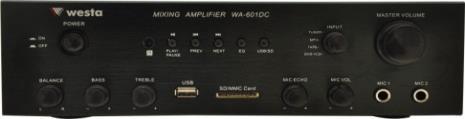 50 WA-601B Giriş Voltajı : AC 220V / 50Hz Güç : 2x16W Max. Güç : 2x35W Aliminyum Panel USB / SD Card / MP3 Destekler MP3 için Uzaktan Kumanda Bass / Tiz / Balance Ayarı Ana Ses Ayarı Mic. Echo/Mic.