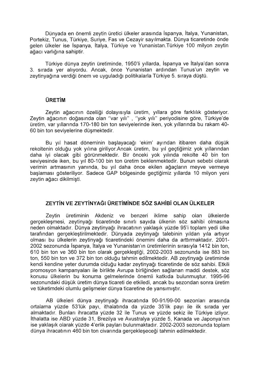 Dünyada en önemli zeytin üretici ülkeler arasında ispanya, italya, Yunanistan, Portekiz, Tunus, Türkiye, Suriye, Fas ve Cezayir sayılmakta.