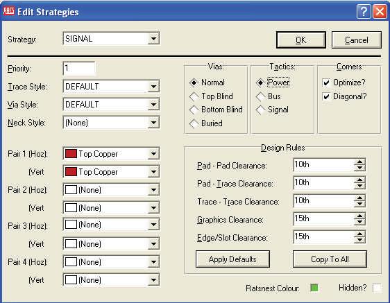 ekil 6.9: Edit Strategies penceresi-otomatik çizim için kurallar n belirlenmesi Otomatik çizim için kurallar n belirlenmesi bask l devreyi tek yüzlü olarak çizdirebilmek için ekil 6.