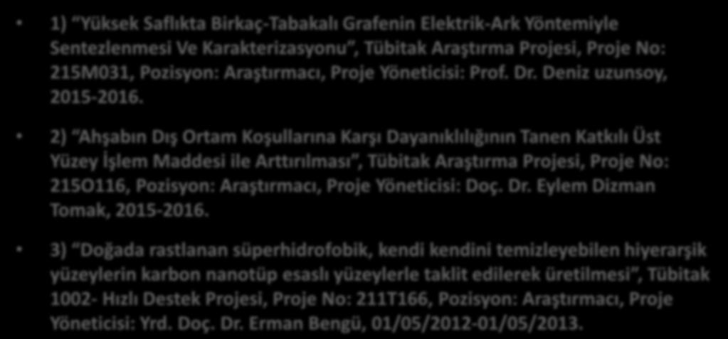 Önemli Proje ve Ödüller 1) Yüksek Saflıkta Birkaç-Tabakalı Grafenin Elektrik-Ark Yöntemiyle Sentezlenmesi Ve Karakterizasyonu, Tübitak Araştırma Projesi, Proje No: 215M031, Pozisyon: