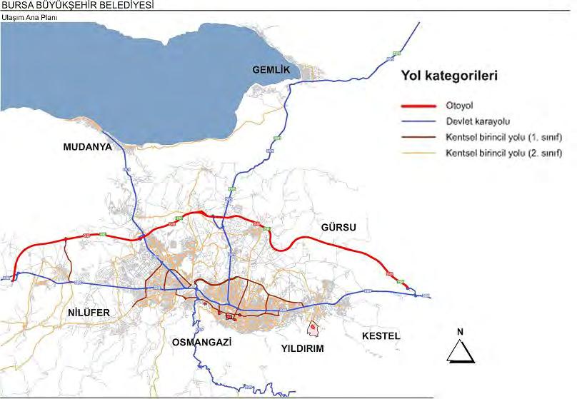 1.5. ULAŞIM - ERİŞİLEBİLİRLİK Bursa Kentine Ulaşım Türkiye nin 4. büyük kenti olan Bursa İli, doğu Marmara Bölgesi nde önemli ulaşım akslarının üzerinde olup, bu aksların merkezi durumundadır.