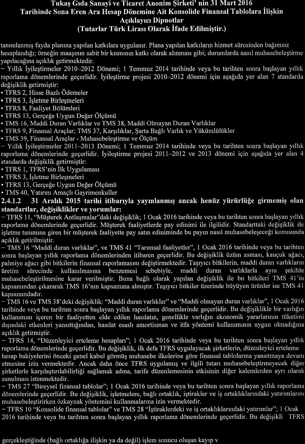 Tukaq Grda Sanayi ve Ticaret Annim $irketi' nin 31 Mart216 Tarihinde Sna ren Ara Hesap Diinemine Ait Knslide Finansal Tabllara iligkin Agrklayrcr Dipntlar (Tutarlar Tiirk Lirasr Olarak ifade