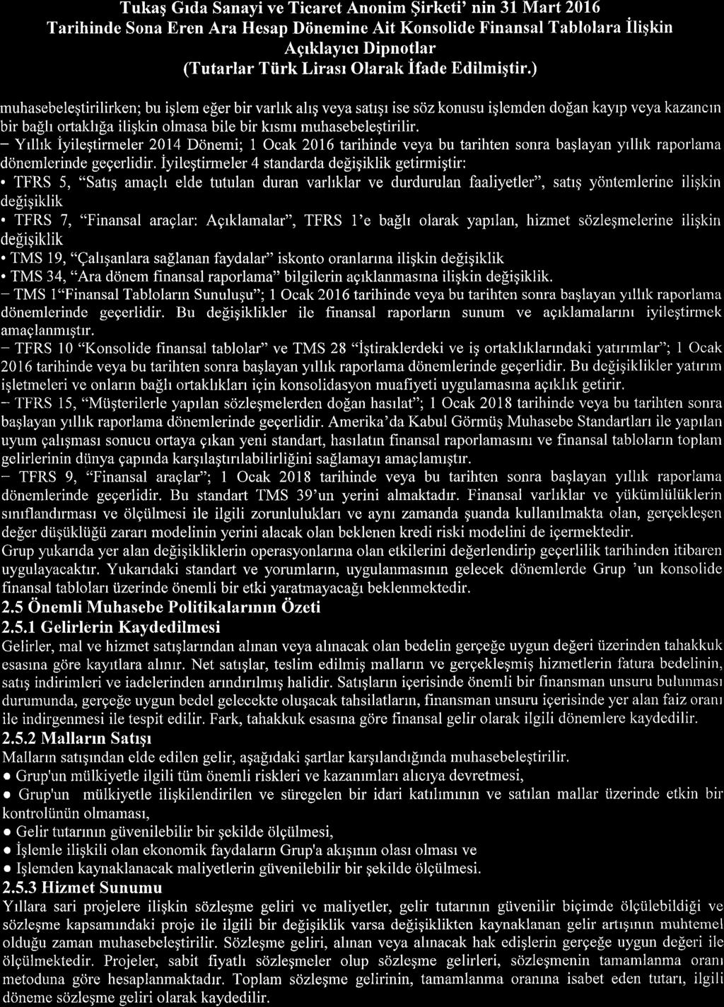 Tukaq Grda Sanayi ve Ticaret Annim $irketi' nin 31 Mart216 Tarihinde Sna ren Ara Hesap Diinemine Ait Knslide Finansal Tabllara iliqkin Agrklayrcr Dipntlar (Tutarlar Tiirk Lirasr Olarak Ifade