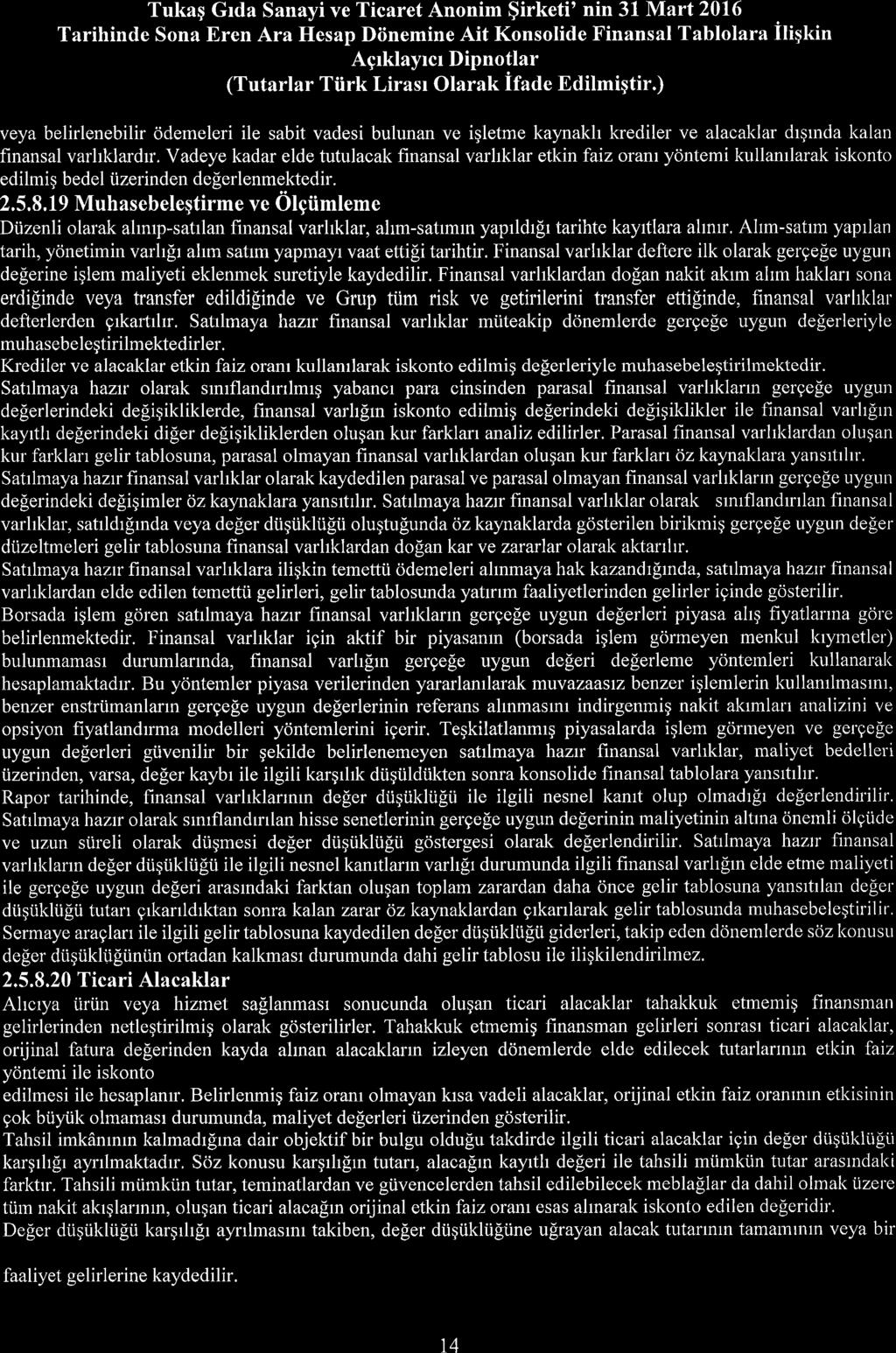 Tukaq Grda Sanayi ve Ticaret Annim $irketi' nin 31 Mart 216 Tarihinde Sna ren Ara Hesap Diinemine Ait Knslide Finansal Tabllara iliqki.