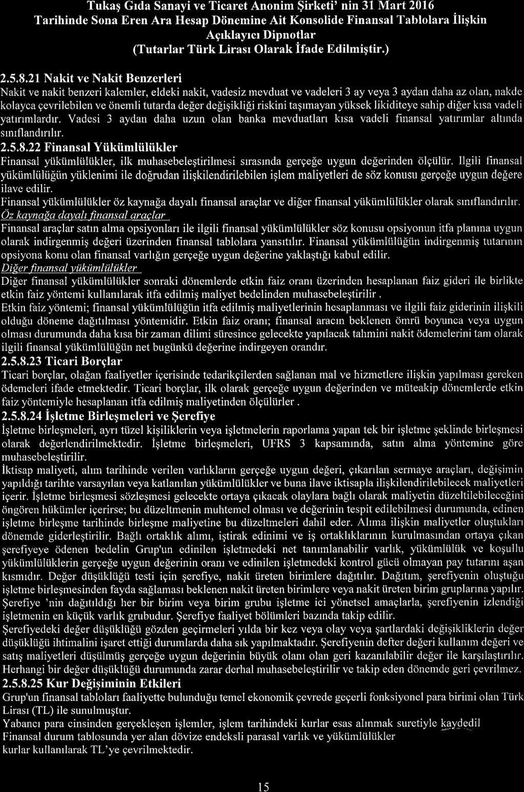 Tukaq Grda Sanayi ve Ticaret Annim $irketi' nin 31 Mart 216 Tarihinde Sna ren Ara Hesap Diinemine Ait Knslide Finansal Tabllara iliqkin Agrklayrcr Dipntlar (Tutarlar Tiirk Lirasr Olarak ifade