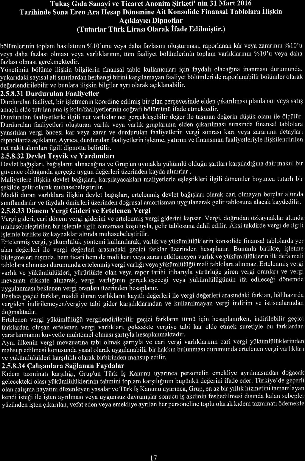 Tukaq Grda Sanayi ve Ticaret Annim $irketi' nin 31 Mart 216 Tarihinde Sna ren Ara Hesap Diinemine Ait Knslide Finansal Tabllara iliqkin Agrklayrcr Dipntlar (Tutarlar Tiirk Lirasr Olarak Ifade