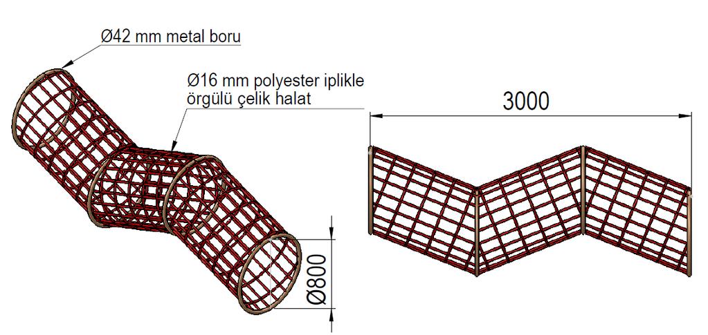 Ahşap Halat Köprü: Ahşap halat köprü minimum Ø16 mm polyester iplikle örgülü çelik halattan ve bu halatlara tespitlenen minimum 4x9 cm ölçüsündeki Lareks (Larix decidua) türü ibreli ağaçtan latalar