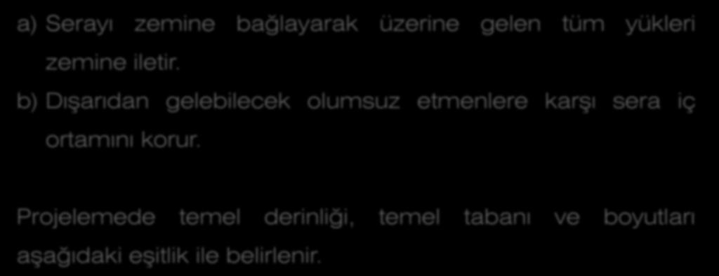 Temelin Görevleri; a) Serayı zemine bağlayarak üzerine gelen tüm yükleri zemine iletir. b) Dışarıdan gelebilecek olumsuz etmenlere karşı sera iç ortamını korur.