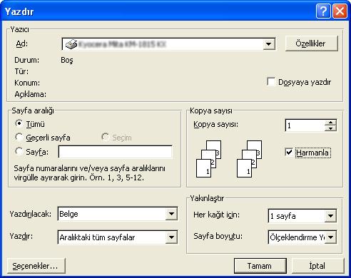 Temel Çalıştırma Microsoft Word için [Options] (Seçenekler) öğesini tıklatmanız ve [Default tray]