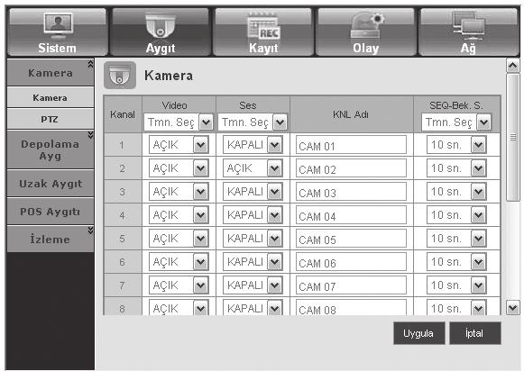 web görüntüleyici aygıt DVR a bağlı aygıtların bir listesini kontrol edebilir ve gerekli ayarları konfi güre edebilirsiniz Menü ekranındaki <aygıt> seçeneğini tıklatın Daha fazla bilgi için, bkz