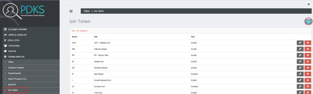 İzin Tipleri: İş yerine ait izin türlerinin tanımlandığı ekrandır.