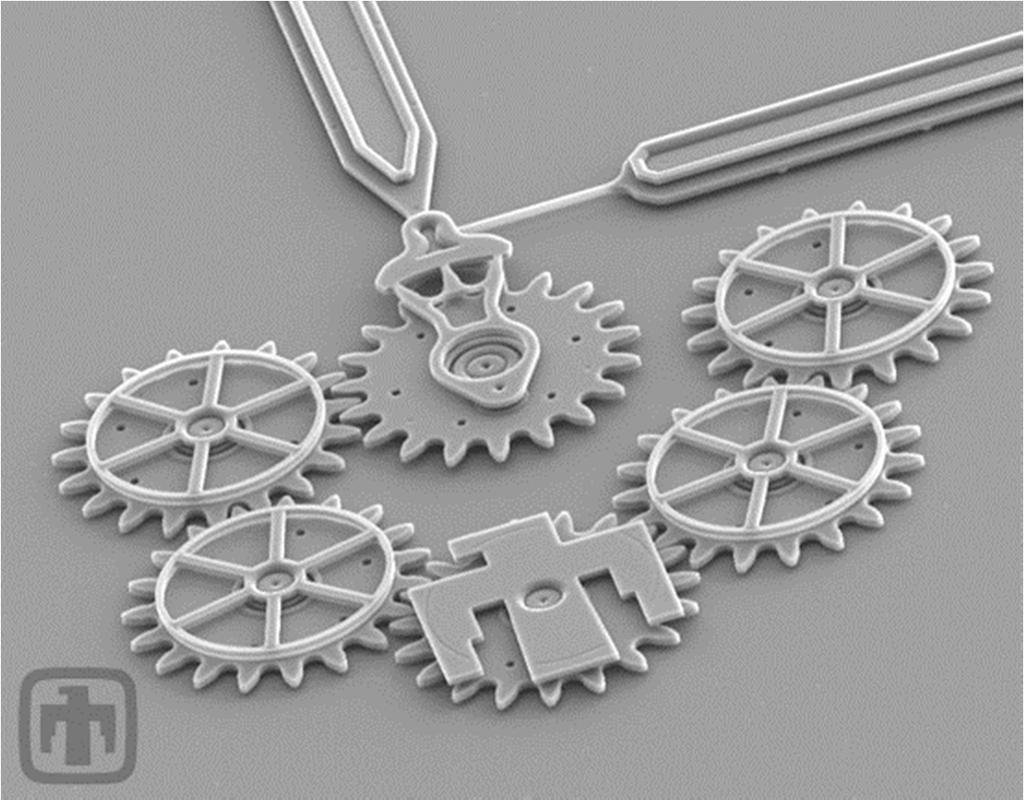This chain of six microscopic gears can be used to drive micro-engines at speeds of up to 25,000 rpm.