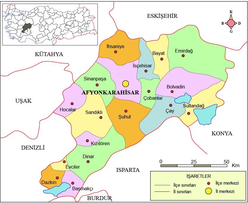 Şekil 3. 7: Afyonkarahisar il haritası (http://cografyaharita.com/haritalarim). 3.3.2 Kütahya İli Kütahya, Ege Bölgesi'nin İç Batı Anadolu Bölümü'nde yer alır.