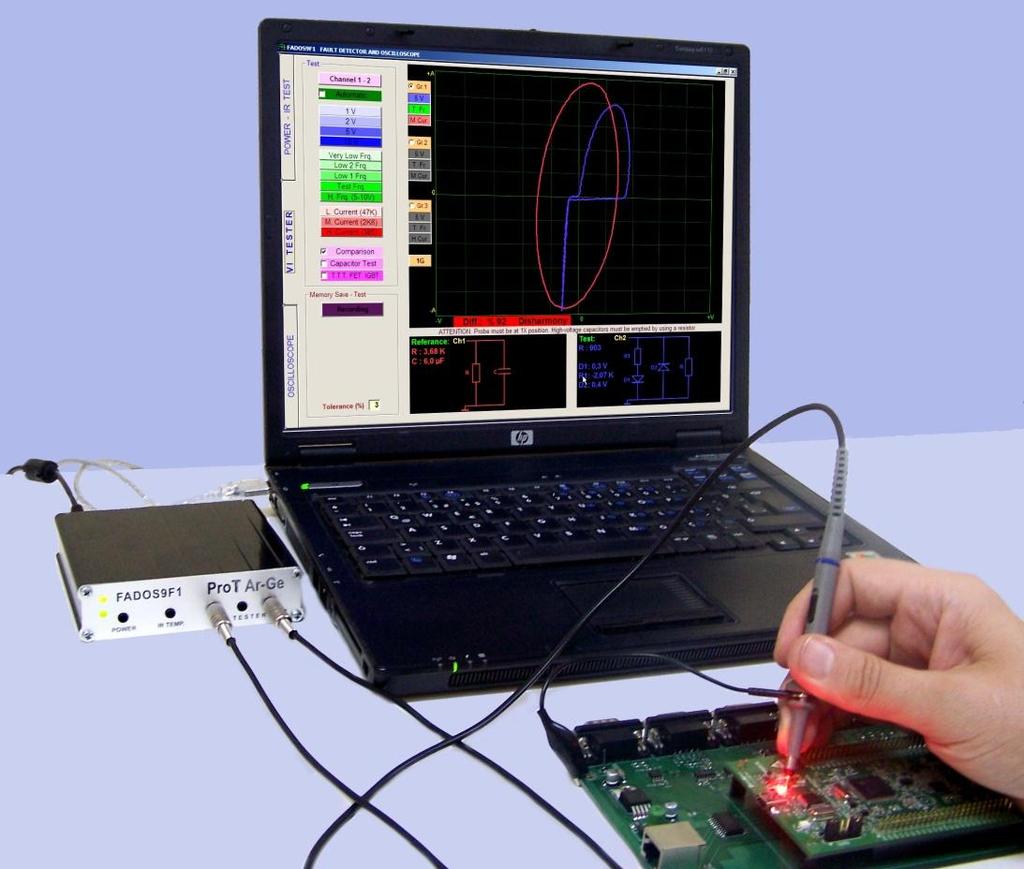 FADOS9F1 ARIZA TESPİT & OSİLOSKOP Resim 2: FADOS9F1 FADOS9F1 9 önemli özellik içerir: 1. Çift Kanal Arıza Tespiti (VI Grafiği) Sağlam ve bozuk karta besleme vermeden birebir karşılaştırma. 2. Programlanabilinir DC Güç Kaynağı Elektronik karta enerji vererek; kartların beslemelerinin DC Voltaj-Akım grafiğini oluşturur.