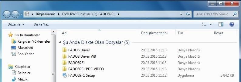 FADOS9F1 PROGRAMINI YÜKLEMEK Resim 5: Osiloskop Analog Çıkış Ekranı Resim 6: FADOS9F1 Yazılım CD İçeriği 1- FADOS9F1 yazılım CD sini bilgisayarın CD Romuna takınız.